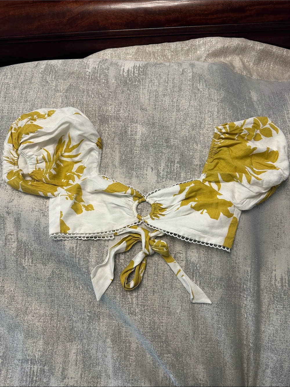 Hello Molly White and Mustard Floral Tie-Front Puff Sleeve Crop Top